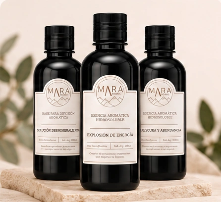 Botellas de esencias hidrosolubles y base para difusión Mara Aromas