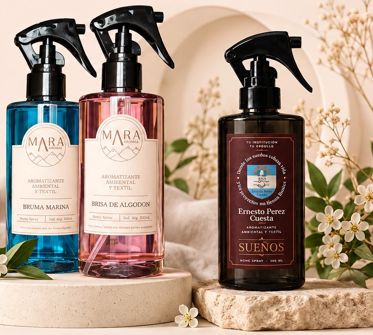 Aromatizantes Bruma Marina, Brisa de Algodón y Sueños, con etiqueta institucional