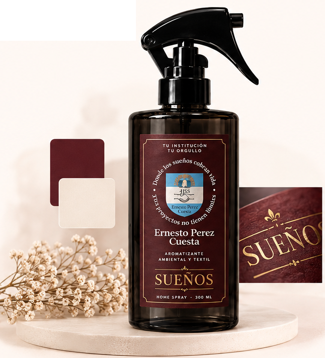 Etiqueta Sueños, escudo y muestras de colores bordó y crema